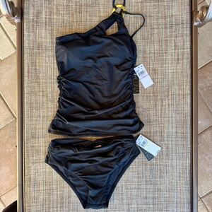 Stylish Black Asymmetrical Tankini with Gold Accents
